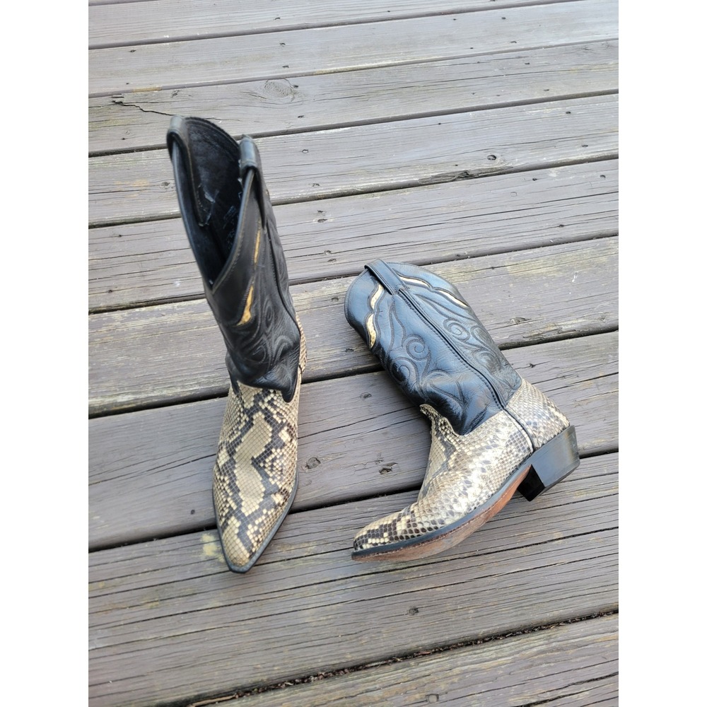 Vintage 90s Code West Cowboy Boots Black Tan Snakeskin Leather Pointed Toe 7 M
